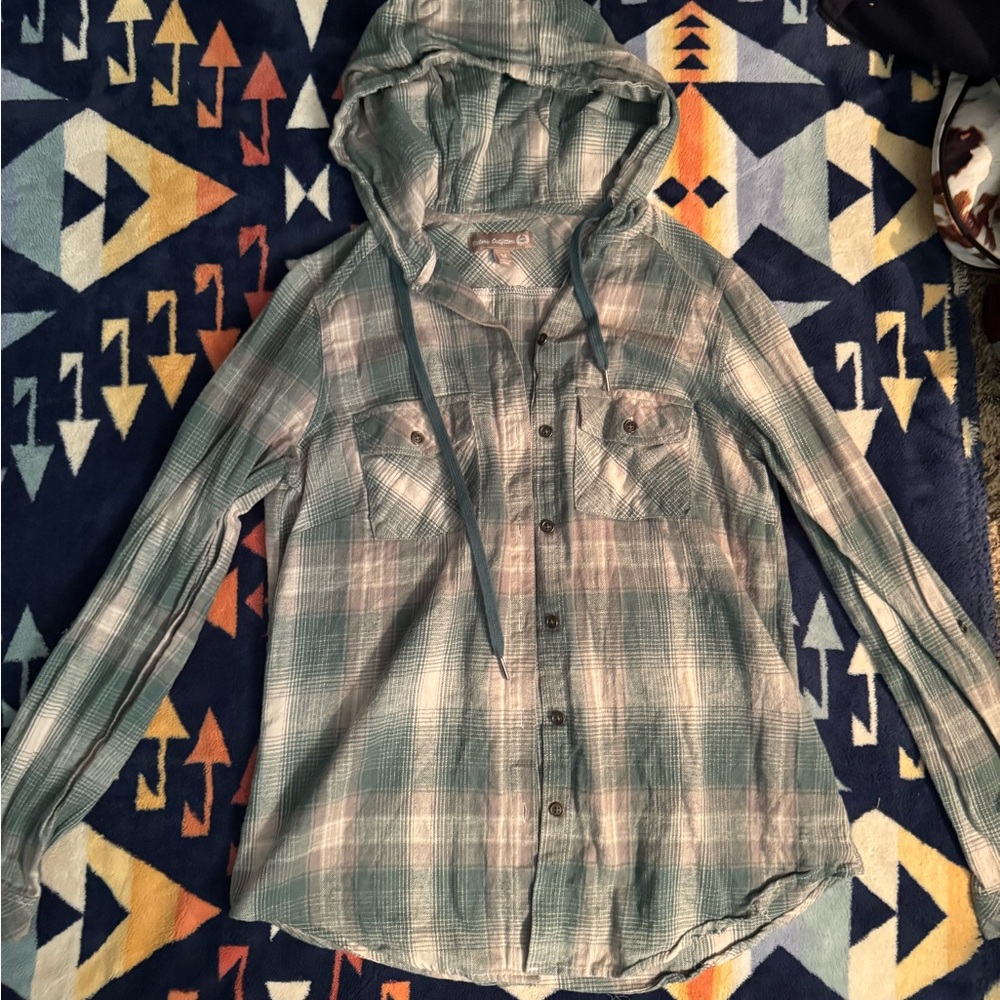 Plaid Button Down Hooded Shirt - Blue